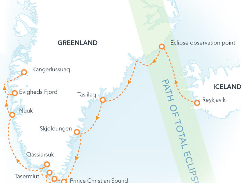 Route map of Total Eclipse & Greenland cruise from Reykjavik, Iceland to Kangerlussuaq, Greenland with visits along east, south & west Greenland.