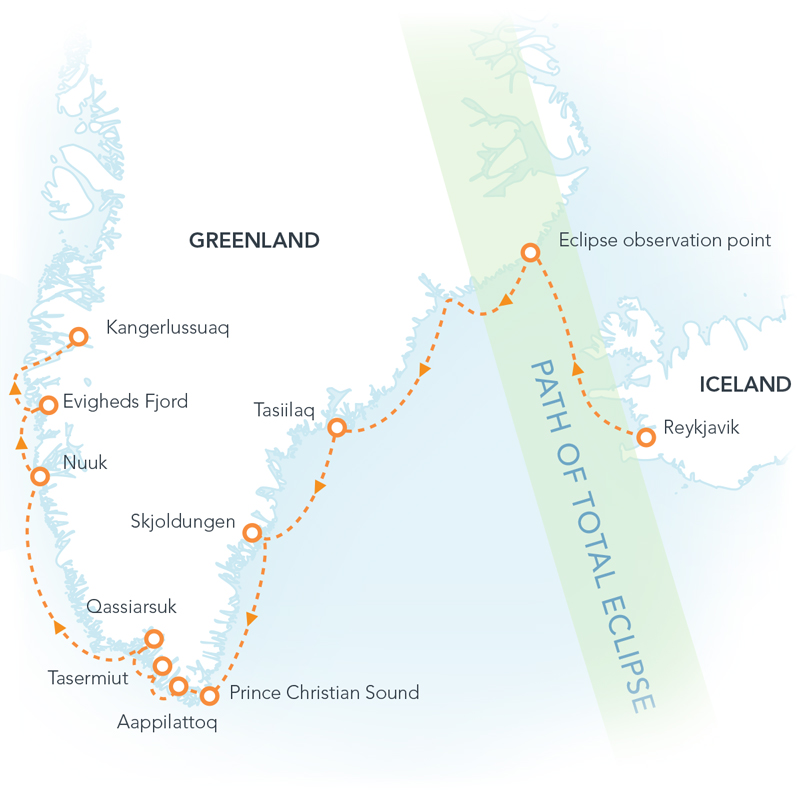 Route map of Total Eclipse & Greenland cruise from Reykjavik, Iceland to Kangerlussuaq, Greenland with visits along east, south & west Greenland.
