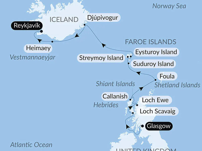 Route map of Wild Archipelagos of the North Atlantic cruise northbound from Glasgow, Scotland to Reykjavik, Iceland with visits to the Faroe & Shetland Islands.