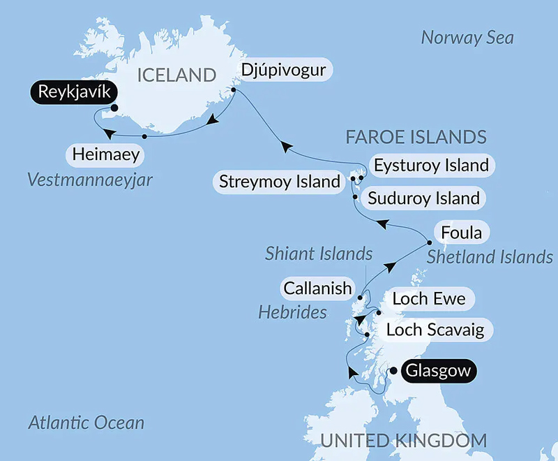 Route map of Wild Archipelagos of the North Atlantic cruise northbound from Glasgow, Scotland to Reykjavik, Iceland with visits to the Faroe & Shetland Islands.