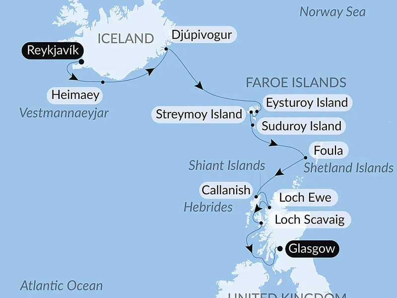 Route map of Wild Archipelagos of the North Atlantic cruise southbound from Reykjavik, Iceland to Glasgow, Scotland with visits to the Faroe & Shetland Islands.