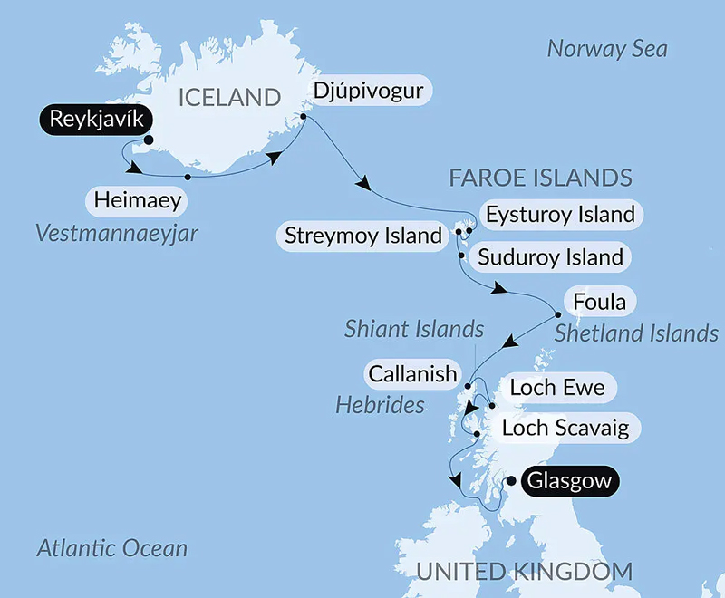 Route map of Wild Archipelagos of the North Atlantic cruise southbound from Reykjavik, Iceland to Glasgow, Scotland with visits to the Faroe & Shetland Islands.