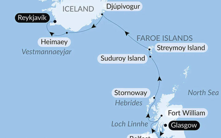 Route map of Wild Lands of Scotland, the Faroe Islands & Iceland cruise northbound from Glasgow, Scotland to Reykjavik, Iceland with visits to Ireland & the Faroe Islands.