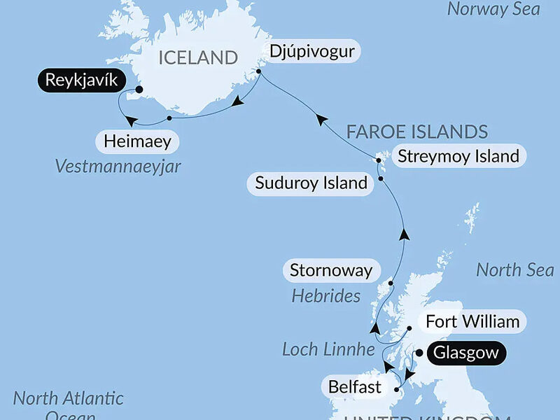 Route map of Wild Lands of Scotland, the Faroe Islands & Iceland cruise northbound from Glasgow, Scotland to Reykjavik, Iceland with visits to Ireland & the Faroe Islands.