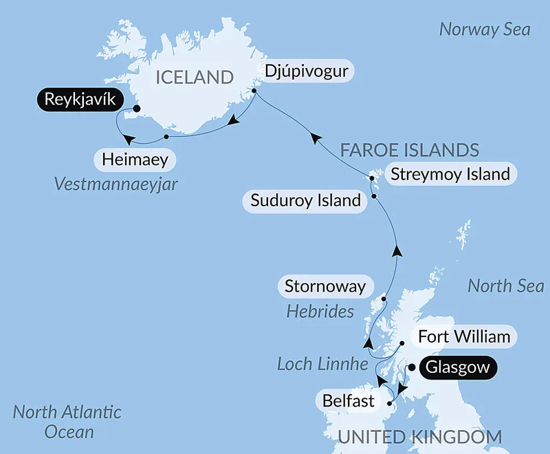 Route map of Wild Lands of Scotland, the Faroe Islands & Iceland cruise northbound from Glasgow, Scotland to Reykjavik, Iceland with visits to Ireland & the Faroe Islands.