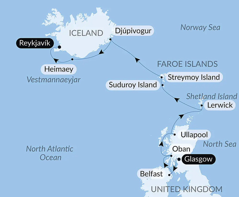 12-Day Wild Lands of Scotland, the Faroe Islands & Iceland Itinerary route map