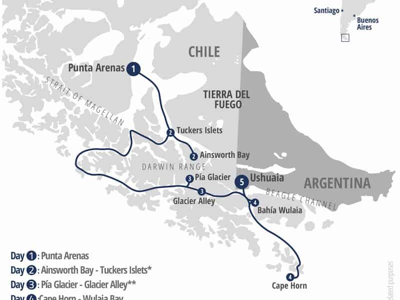 Fjords of Tierra del Fuego - Punta Arenas to Ushuaia Itinerary route map