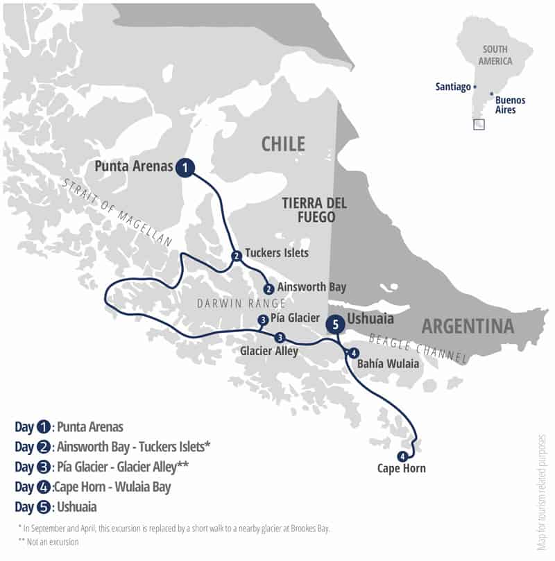 Fjords of Tierra del Fuego - Punta Arenas to Ushuaia Itinerary route map