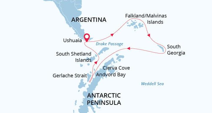 Route map of Antarctic Wildlife Adventure Antarctica small ship cruise, operating roundtrip from Ushuaia, Argentina with stops at the Falkland Islands, South Georgia and the Antarctic Peninsula.