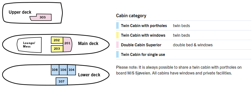 Deck plan of MS Svojeien Arctic ship with 3 color-coded cabin categories spread across 3 decks for up to 12 guests.