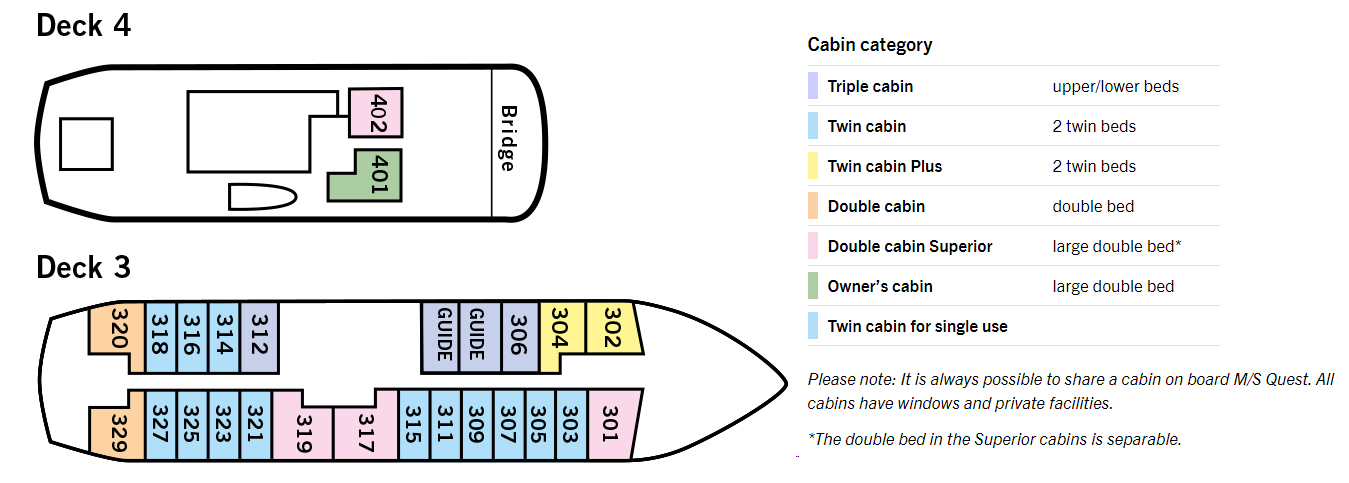 Deck plan of Quest Arctic expedition ship with 6 cabin categories across 2 decks & 24 cabins.