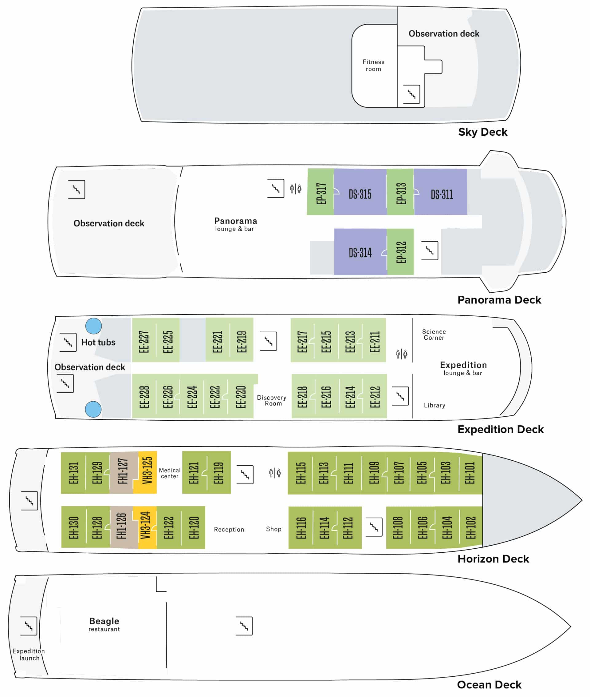 Santa Cruz II Galapagos small ship deck plan showing 5 levels