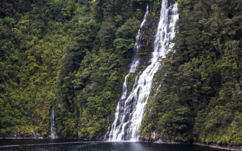 Tall, cascading waterfall over lush green forest hits calm fjord water, seen on a Doubtful Sound overnight cruise.