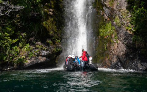 Zodiac boat with Fiordland cruise overnight guests motors toward a waterfall among dense rainforest & gray cliffs in New Zealand.