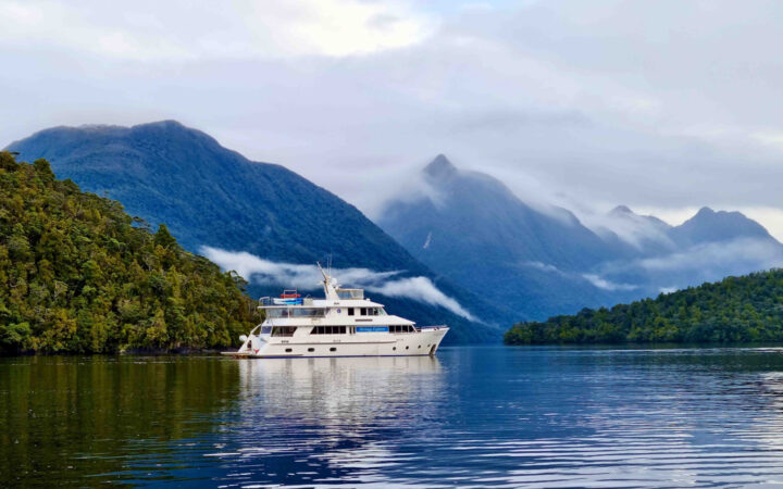 Small blue & white yacht sits in calm fjord between green hills & under jagged peaks & misty clouds in Fiordlands National Park.