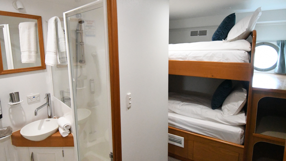Buller's cabin with bunk beds in blue & white with wood accents, cubbies, porthole & small bathroom on Heritage Explorer.