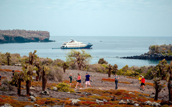 Galapagos luxury yacht Origin with blue hull & white upper decks sits in calm sea just offshore where travelers walk among red & green flora.