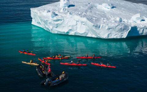 Aerial view of yellow & red kayaks & black Zodiacs in teal calm sea beside a snowy iceberg bit on a sunny day in Antarctica.