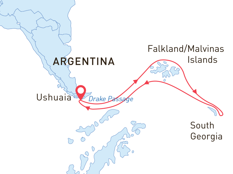 Route map of 19-day Falklands & South Georgia: Best of the Southern Ocean cruise round-trip from Ushuaia.