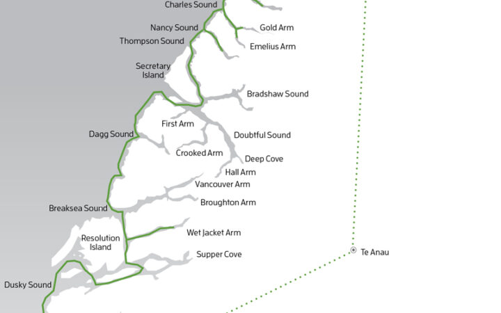 Route map of All the Fiords: Ultimate Fiordland Expedition cruise, operating round-trip from Te Anau with sailing to every fjord, between Milford Sound & Preservation Inlet.