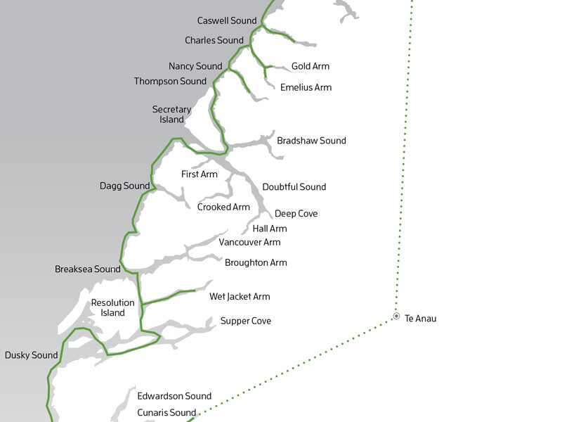 Route map of All the Fiords: Ultimate Fiordland Expedition cruise, operating round-trip from Te Anau with sailing to every fjord, between Milford Sound & Preservation Inlet.