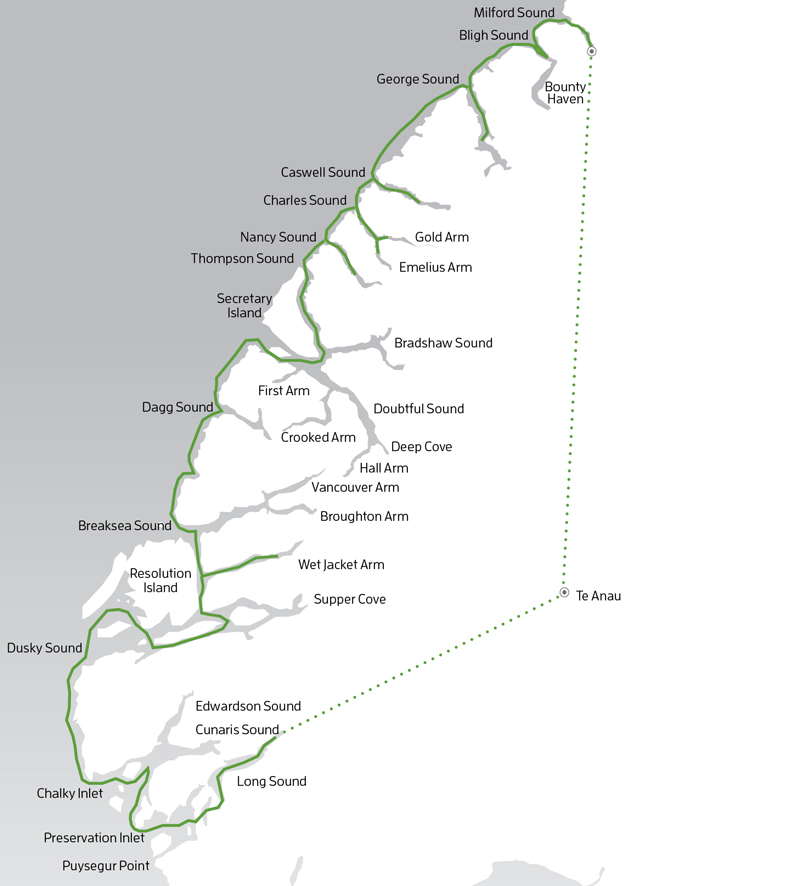 Route map of All the Fiords: Ultimate Fiordland Expedition cruise, operating round-trip from Te Anau with sailing to every fjord, between Milford Sound & Preservation Inlet.