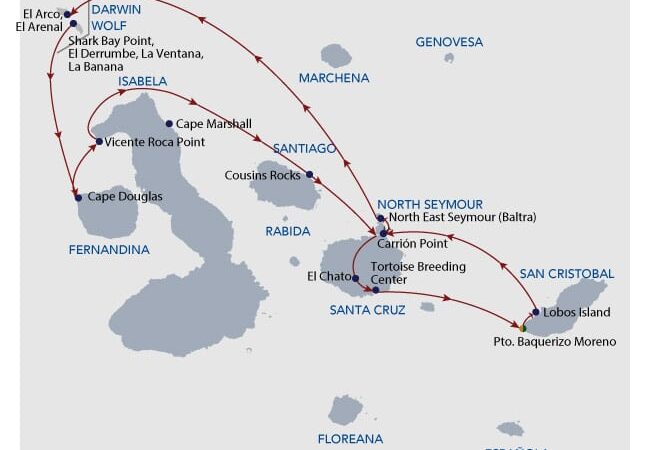Route map of 8-day Diving Calipso Galapagos Cruise, round-trip from San Cristobal with goals to visit Lobos, Santa Cruz, Baltra, Wolf, Darwin, Isabela, Fernandina and Santiago islands.
