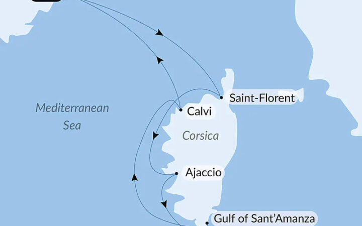 Blue & white route map of Corsican Shores Under Sail Aboard Le Ponant cruise round-trip from Nice, France with visits to Calvi, Saint-Florent, Ajaccio, Bonifacio & Gulf of Sant'Amanza.
