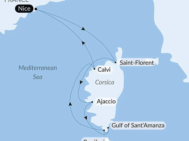 Blue & white route map of Corsican Shores Under Sail Aboard Le Ponant cruise round-trip from Nice, France with visits to Calvi, Saint-Florent, Ajaccio, Bonifacio & Gulf of Sant'Amanza.