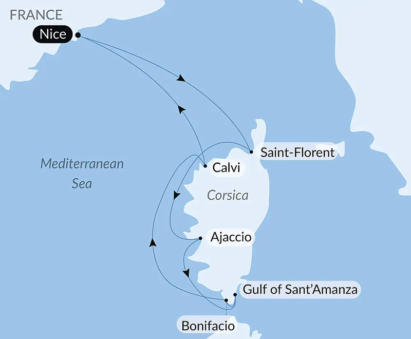 Blue & white route map of Corsican Shores Under Sail Aboard Le Ponant cruise round-trip from Nice, France with visits to Calvi, Saint-Florent, Ajaccio, Bonifacio & Gulf of Sant'Amanza.