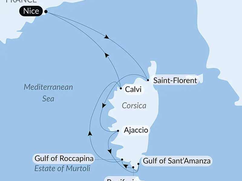 Blue & white route map of Corsican Shores Under Sail Aboard Le Ponant cruise round-trip from Nice, France with visits to Calvi, Saint-Florent, Ajaccio, Bonifacio, Gulf of Sant'Amanza & Gulf of Roccapina.