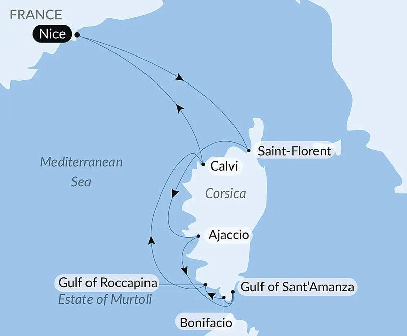 Blue & white route map of Corsican Shores Under Sail Aboard Le Ponant cruise round-trip from Nice, France with visits to Calvi, Saint-Florent, Ajaccio, Bonifacio, Gulf of Sant'Amanza & Gulf of Roccapina.