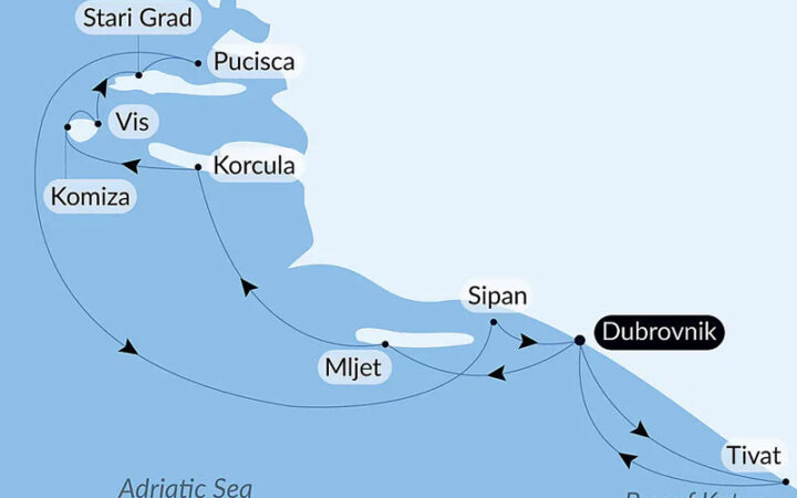 Route map of Croatia, Under Sail Aboard Le Ponant cruise round-trip from Dubrovnik with visits to Stari Grad, Vis, Pucisca, Korcula, Komiza, Mljet, Sipan & the Bay of Kotor.