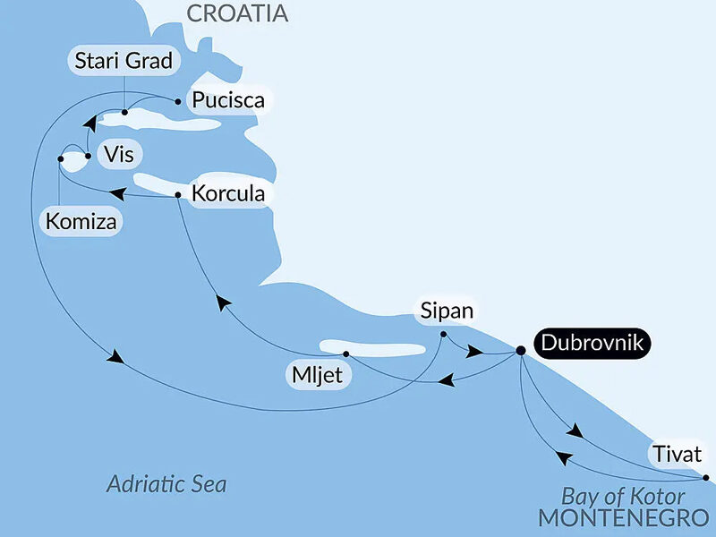 Route map of Croatia, Under Sail Aboard Le Ponant cruise round-trip from Dubrovnik with visits to Stari Grad, Vis, Pucisca, Korcula, Komiza, Mljet, Sipan & the Bay of Kotor.