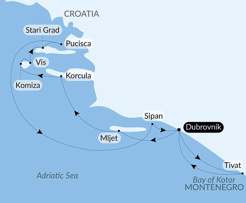 Route map of Croatia, Under Sail Aboard Le Ponant cruise round-trip from Dubrovnik with visits to Stari Grad, Vis, Pucisca, Korcula, Komiza, Mljet, Sipan & the Bay of Kotor.