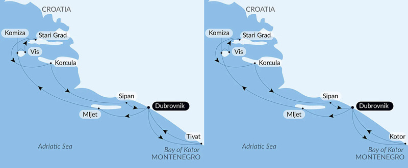 Route map of Croatia, Under Sail Aboard Le Ponant cruise round-trip from Dubrovnik with visits to Stari Grad, Vis, Korcula, Komiza, Mljet, Sipan & the Bay of Kotor or Tivat.