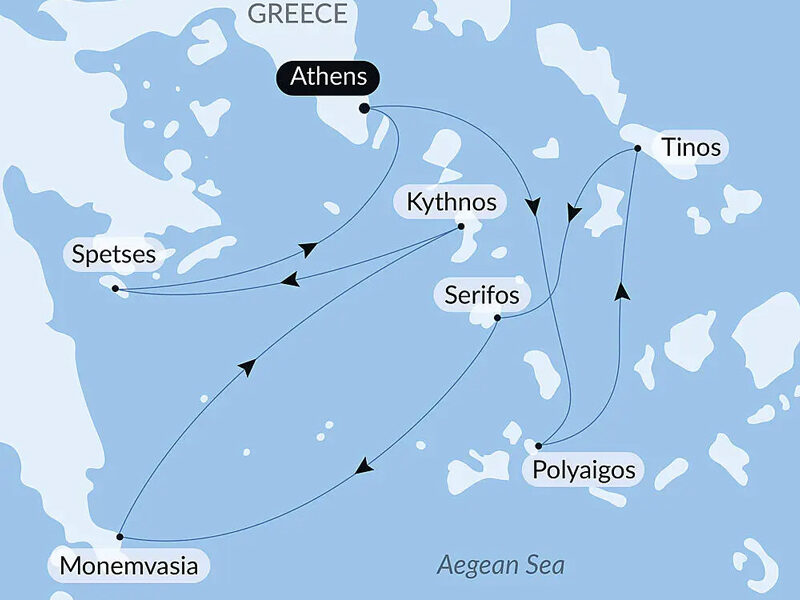 Route map of The Cyclades in the Wake of Le Ponant cruise, round-trip from Athens, Greece, with visits to Polyaigos, Tinos, Serifos, Monemvasia, Kythnos & Spetses.