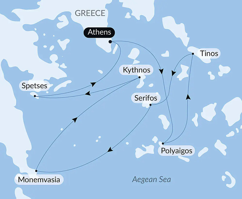Route map of The Cyclades in the Wake of Le Ponant cruise, round-trip from Athens, Greece, with visits to Polyaigos, Tinos, Serifos, Monemvasia, Kythnos & Spetses.