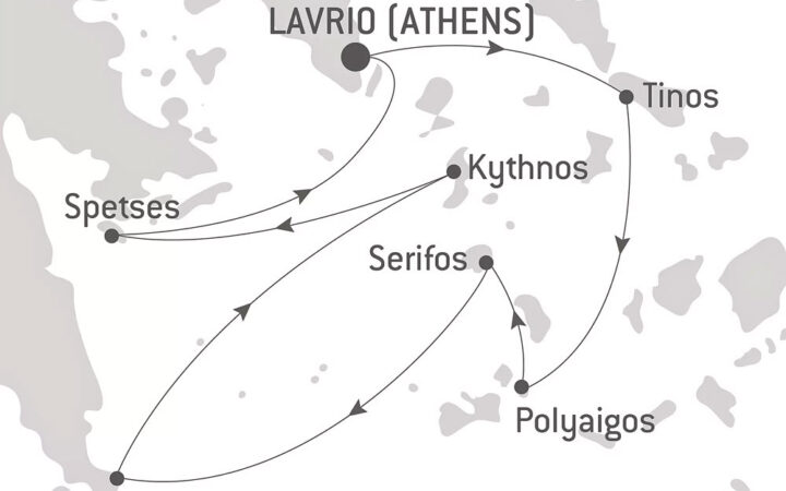 Route map of The Cyclades in the Wake of Le Ponant cruise, round-trip from Lavrio near Athens, Greece, with visits to Tinos, Polyaigos, Serifos, Monemvasia, Kythnos & Spetses.