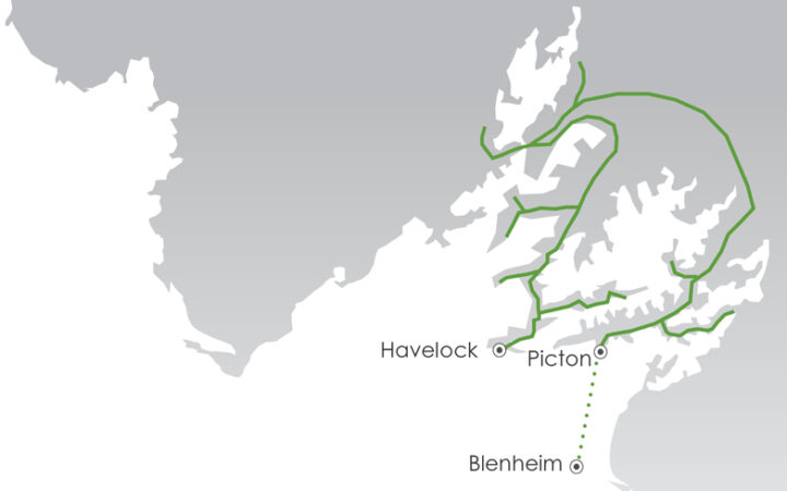 Route map of Discover Marlborough Sounds cruise round-trip from Blenheim, New Zealand with visits along the north coast of the South Island.