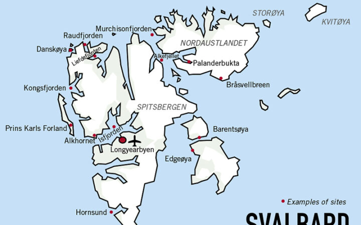 Route map of Expedition Svalbard cruise, operating round-trip from Longyearbyen with possible visits along the western, northern and eastern coast of Spitsbergen.