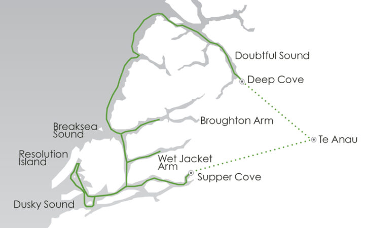 Route map of Fiordland Explored cruise, round-trip from Te Anau, New Zealand with visits between Dusky & Doubtful Sounds.