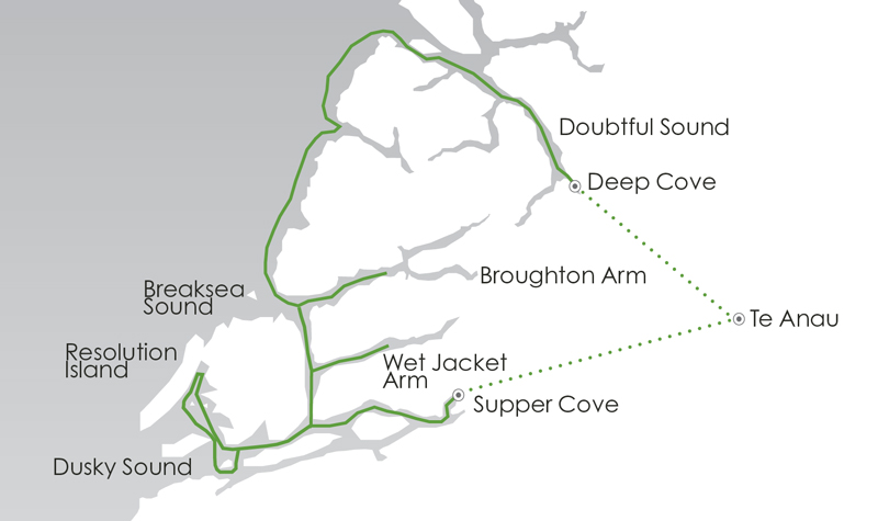 Route map of Fiordland Explored cruise, round-trip from Te Anau, New Zealand with visits between Dusky & Doubtful Sounds.
