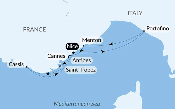 Blue & white route map of French Riviera Under Le Ponant's Sails cruise, round-trip from Nice with visits to Cassis, Saint-Tropez, Antibes, Cannes, Menton & Italy's Portofino.