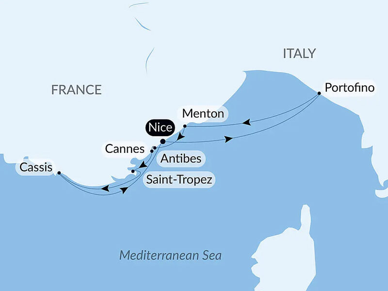 Blue & white route map of French Riviera Under Le Ponant's Sails cruise, round-trip from Nice with visits to Cassis, Saint-Tropez, Antibes, Cannes, Menton & Italy's Portofino.