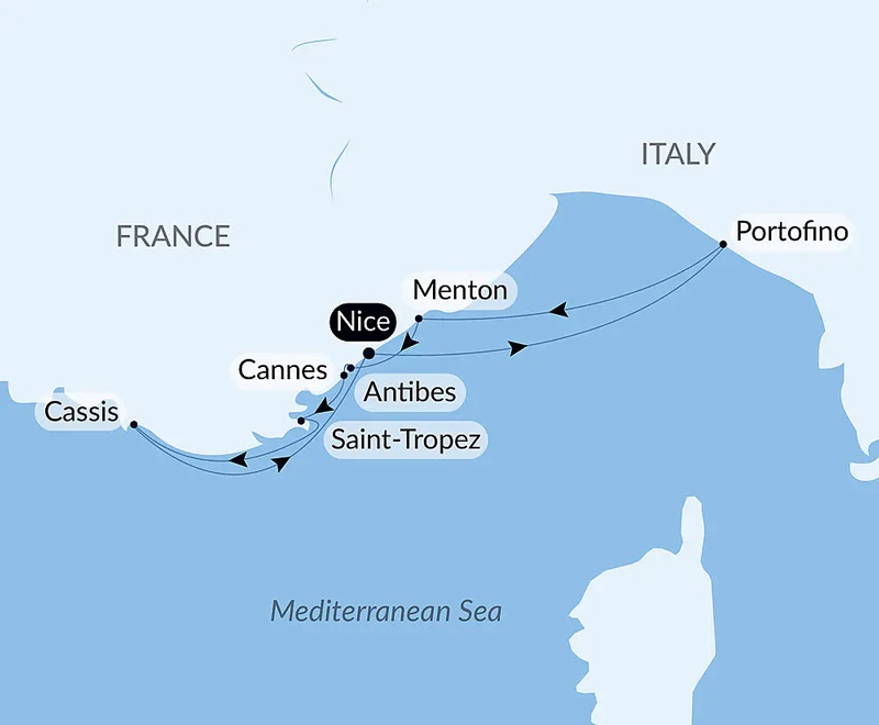Blue & white route map of French Riviera Under Le Ponant's Sails cruise, round-trip from Nice with visits to Cassis, Saint-Tropez, Antibes, Cannes, Menton & Italy's Portofino.