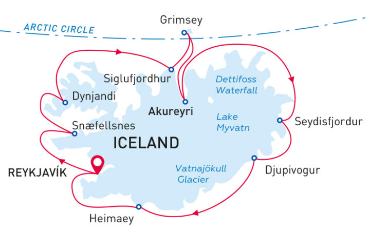 Route map of Iceland Circumnavigation: Land of Fjords & Epic Waterfalls cruise, round-trip from Reykjavik with visits to west, north, east & south.