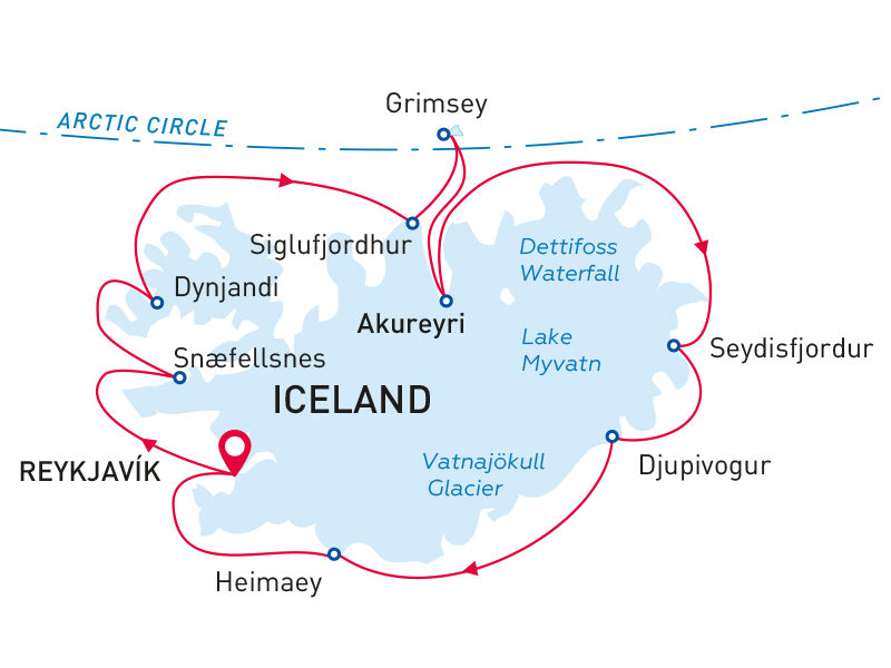 Route map of Iceland Circumnavigation: Land of Fjords & Epic Waterfalls cruise, round-trip from Reykjavik with visits to west, north, east & south.