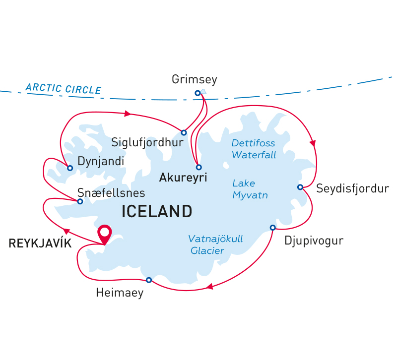 Route map of Iceland Circumnavigation: Land of Fjords & Epic Waterfalls cruise, round-trip from Reykjavik with visits to west, north, east & south.
