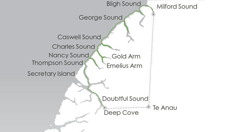 Route map of Northern Fiords Explorer cruise, round-trip from Te Anau between Doubtful Sound & Milford Sound, New Zealand.